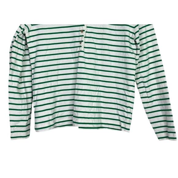 J. Crew Striped Ruffle Neck Henley Buttons Long Sleeve Top Blouse S Green White - Picture 4 of 15